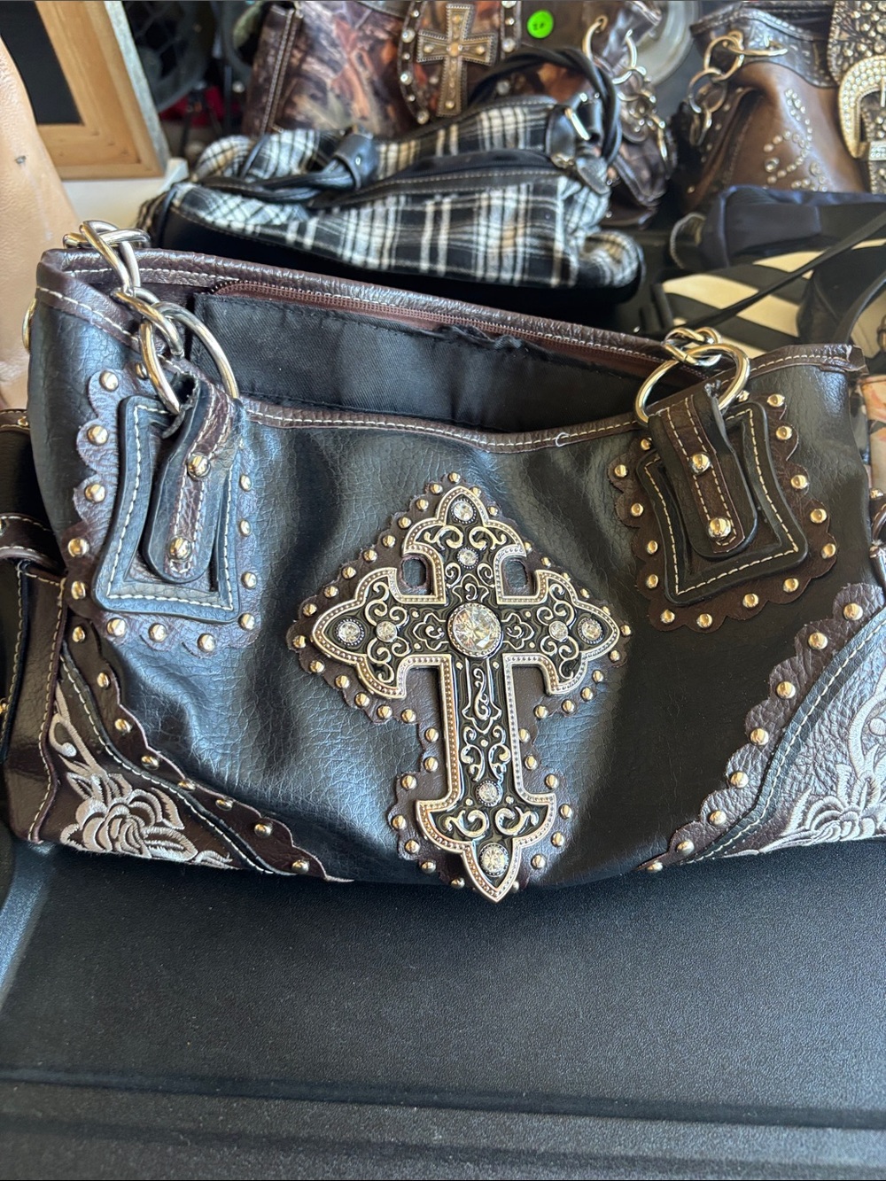 Women’s Studded Cross Accent Black Shoulder Bag